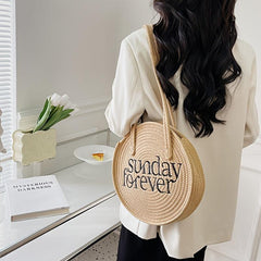 Straw Woven Round Shoulder Bag for Summer Beach & Travel