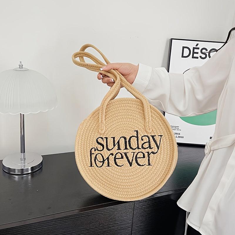 Straw Woven Round Shoulder Bag for Summer Beach & Travel