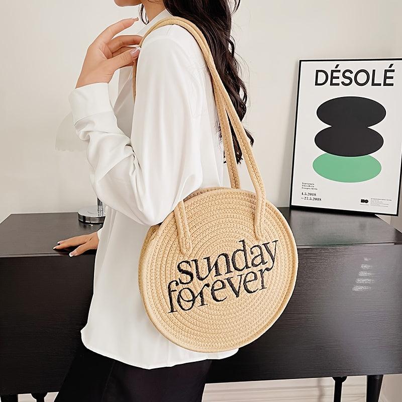 Straw Woven Round Shoulder Bag for Summer Beach & Travel