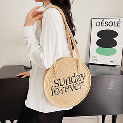 Straw Woven Round Shoulder Bag for Summer Beach & Travel