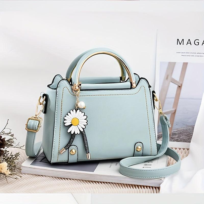 Classic Satchel Bag Shoulder Bag with Flower Pendant