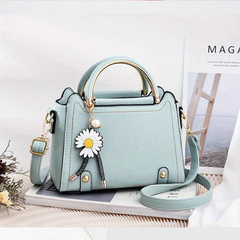 Classic Satchel Bag Shoulder Bag with Flower Pendant