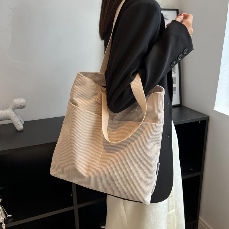 Large Capacity Corduroy Tote Shoulder Bag with Zipper