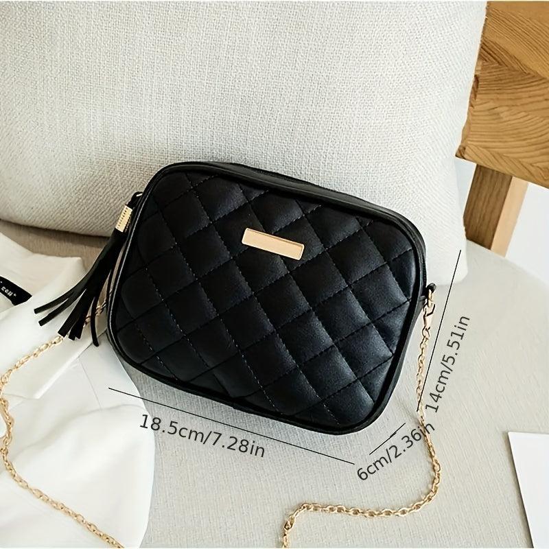 Stylish Mini Chain Crossbody Bag Argyle Quilted Purse with Tassel