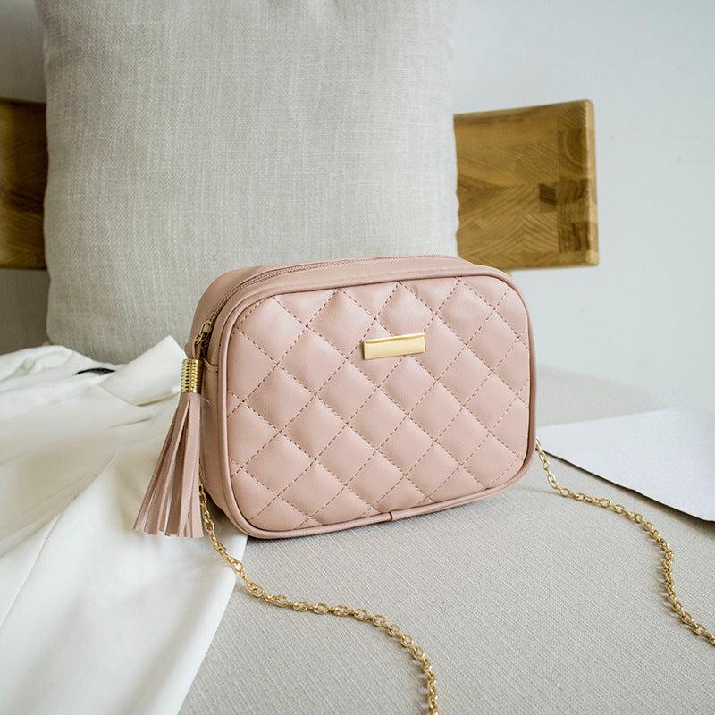 Stylish Mini Chain Crossbody Bag Argyle Quilted Purse with Tassel