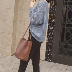 Vintage Textured Bucket Bag Small Shoulder Bag For Women