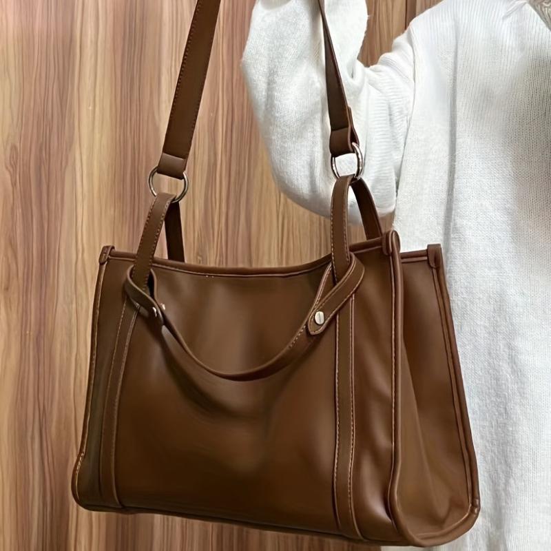 Solid Tote Bag Large Capacity Shoulder Bag PU Leather Laptop Handbag