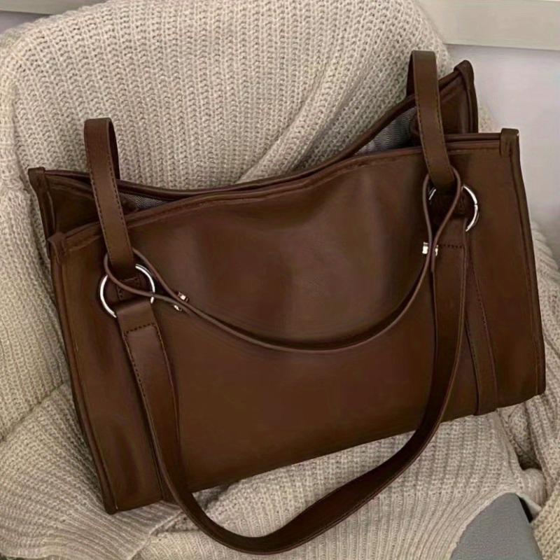 Solid Tote Bag Large Capacity Shoulder Bag PU Leather Laptop Handbag