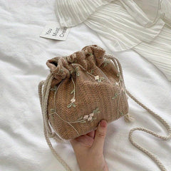 Flower Lace Straw Bag Drawstring Beach Bag Women's Woven Crossbody Purse