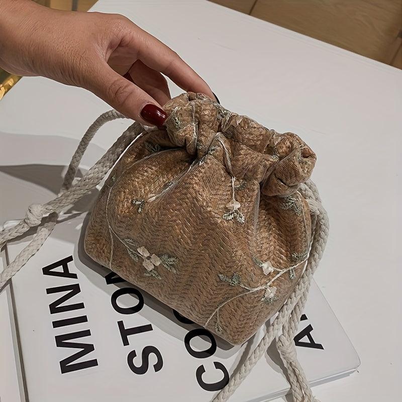 Flower Lace Straw Bag Drawstring Beach Bag Women's Woven Crossbody Purse