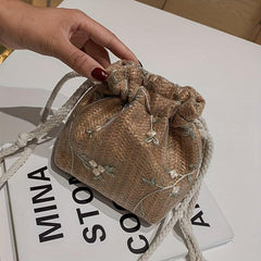 Flower Lace Straw Bag Drawstring Beach Bag Women's Woven Crossbody Purse