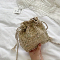 Flower Lace Straw Bag Drawstring Beach Bag Women's Woven Crossbody Purse