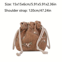 Flower Lace Straw Bag Drawstring Beach Bag Women's Woven Crossbody Purse