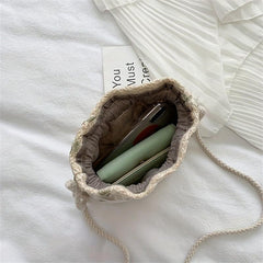 Flower Lace Straw Bag Drawstring Beach Bag Women's Woven Crossbody Purse