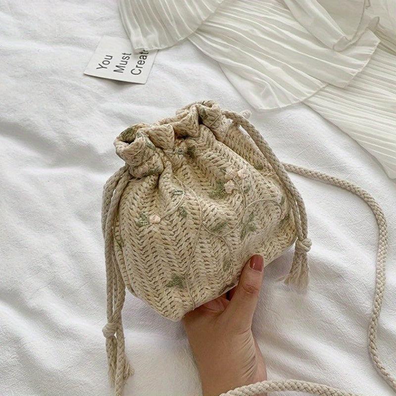 Flower Lace Straw Bag Drawstring Beach Bag Women's Woven Crossbody Purse