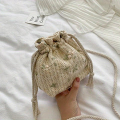 Flower Lace Straw Bag Drawstring Beach Bag Women's Woven Crossbody Purse
