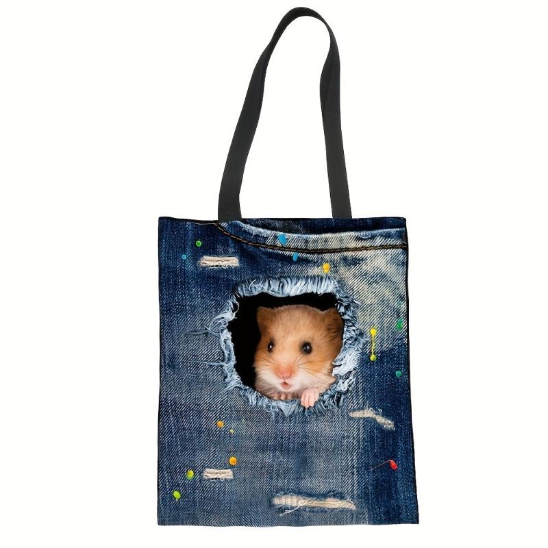 Large Capacity Denim Canvas Tote Bag Cat Ripped Hole Printed Handbag