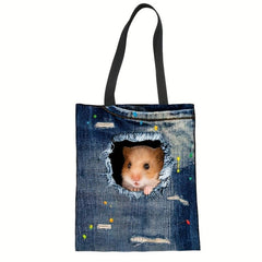 Large Capacity Denim Canvas Tote Bag Cat Ripped Hole Printed Handbag