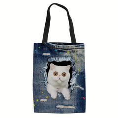 Large Capacity Denim Canvas Tote Bag Cat Ripped Hole Printed Handbag