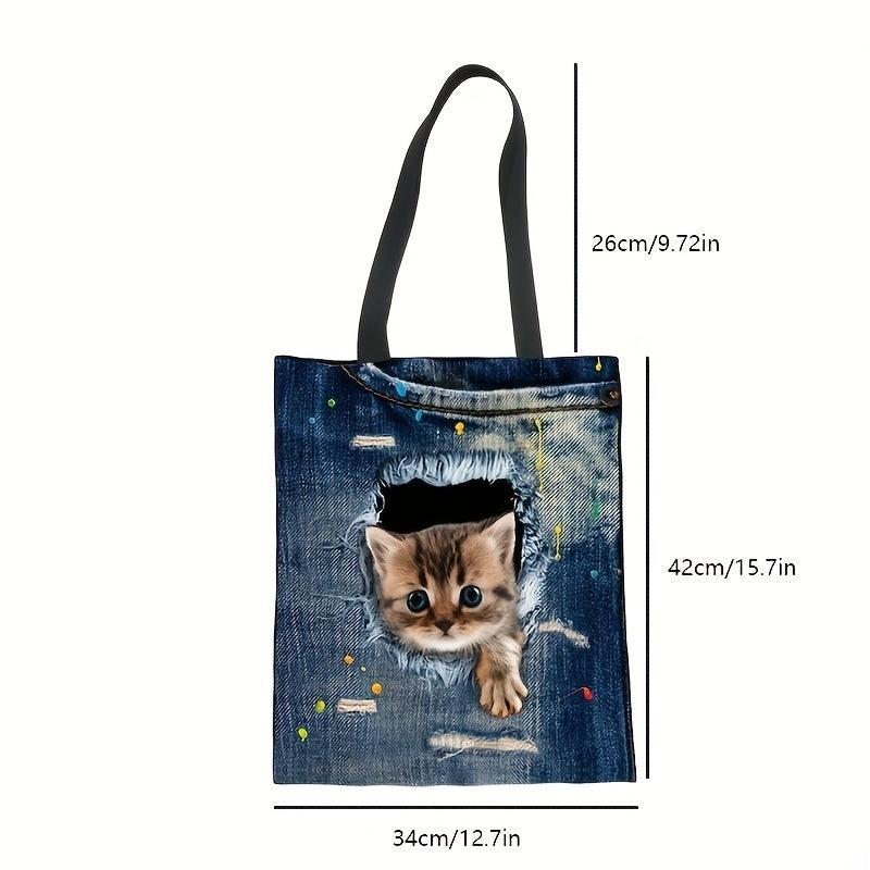 Large Capacity Denim Canvas Tote Bag Cat Ripped Hole Printed Handbag