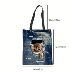 Large Capacity Denim Canvas Tote Bag Cat Ripped Hole Printed Handbag