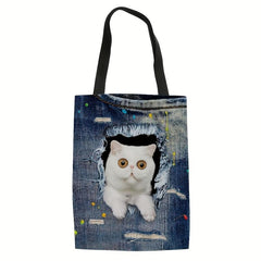 Large Capacity Denim Canvas Tote Bag Cat Ripped Hole Printed Handbag