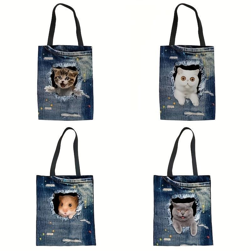 Large Capacity Denim Canvas Tote Bag Cat Ripped Hole Printed Handbag