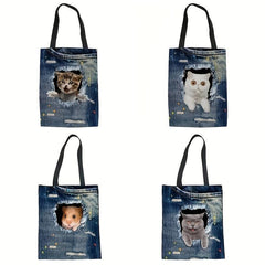 Large Capacity Denim Canvas Tote Bag Cat Ripped Hole Printed Handbag