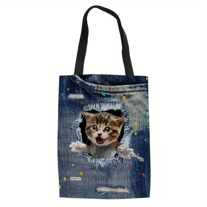 Large Capacity Denim Canvas Tote Bag Cat Ripped Hole Printed Handbag