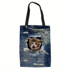 Large Capacity Denim Canvas Tote Bag Cat Ripped Hole Printed Handbag