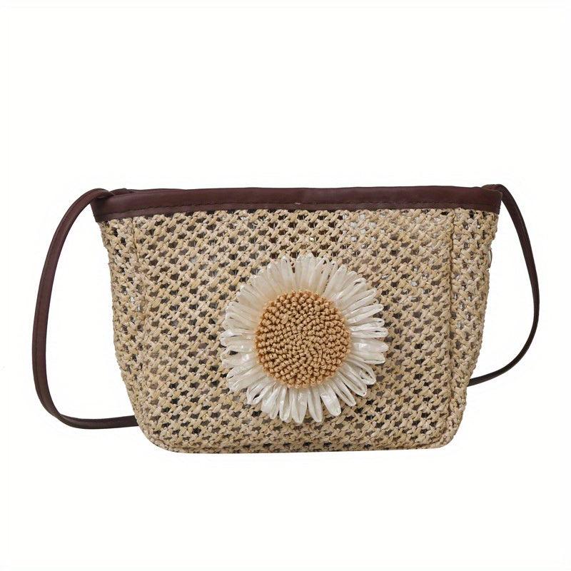 Sunflower Decor Straw Crossbody Bag Boho Style