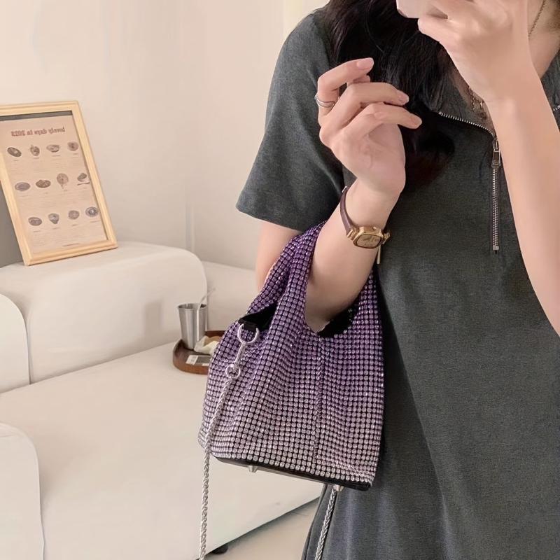 Ombre Rhinestone Evening Bag Bling Bucket Handbags Chain Crossbody Bag