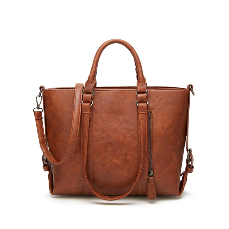 Retro Style Tote Bag Faux Leather Handbag Large Zipper Shoulder Bag