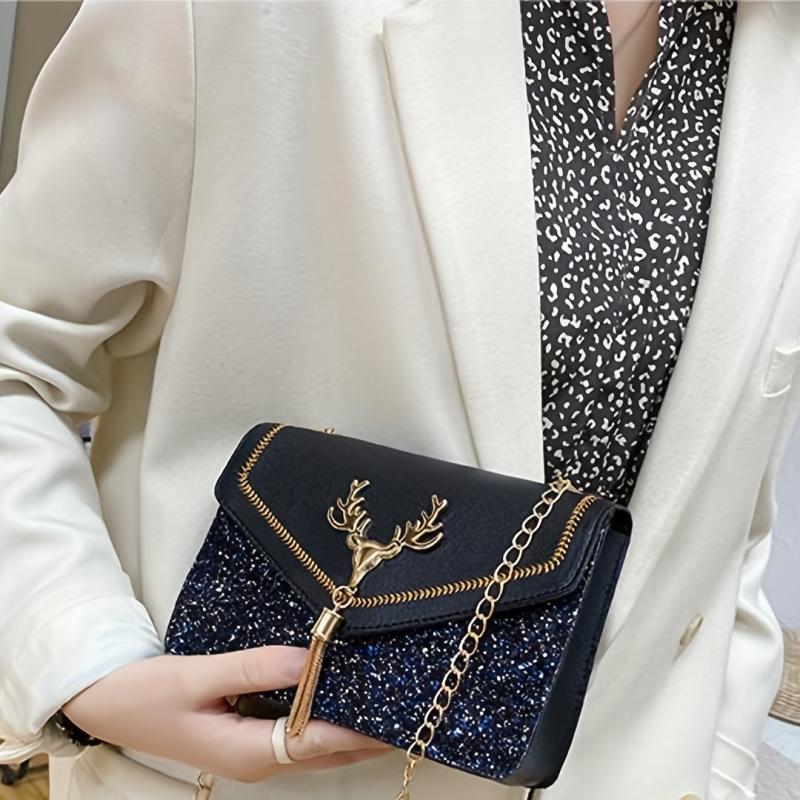 Square Crossbody Bag with Chain Strap and Tassel Decor