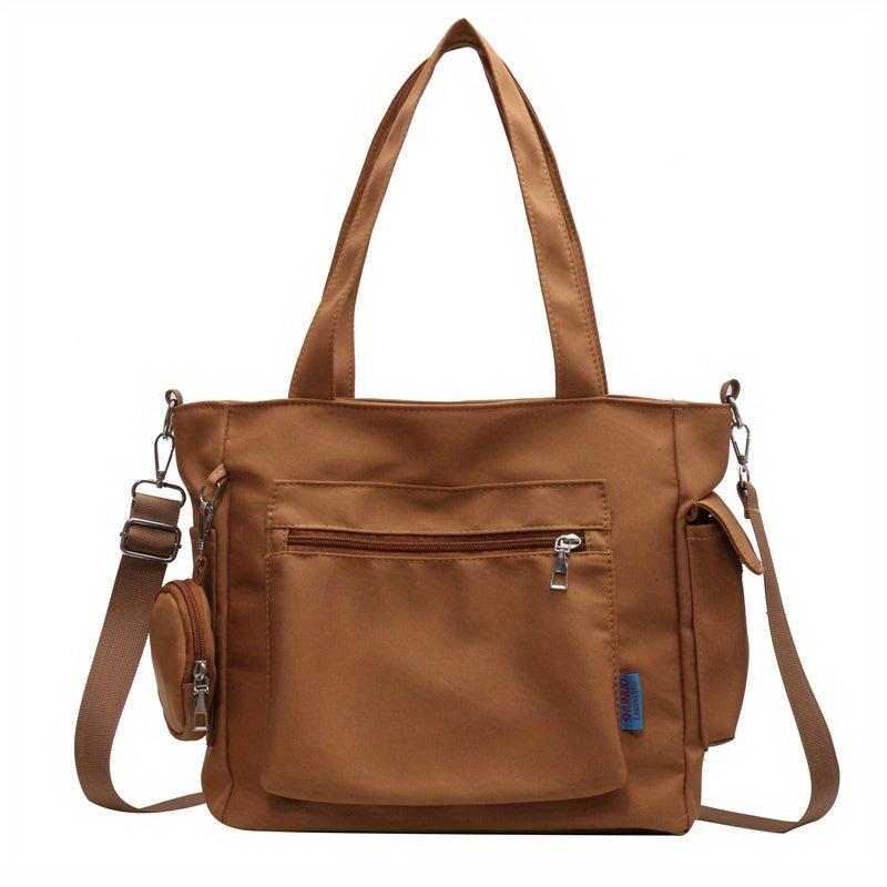 Retro Solid Tote Bag with Pockets Large Capacity Crossbody Bag