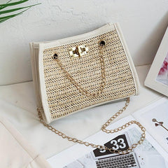 Straw Woven Beach Bag Boho Style Chain Crossbody Bag
