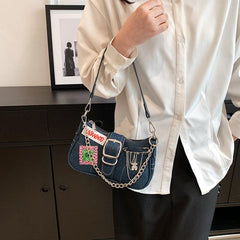 Y2K Baguette Bag with Buckle and Chain Decor
