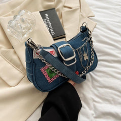 Y2K Baguette Bag with Buckle and Chain Decor