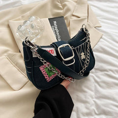 Y2K Baguette Bag with Buckle and Chain Decor