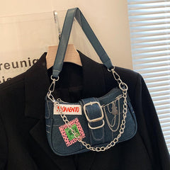 Y2K Baguette Bag with Buckle and Chain Decor