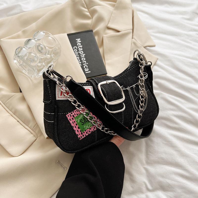Y2K Baguette Bag with Buckle and Chain Decor