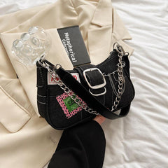 Y2K Baguette Bag with Buckle and Chain Decor