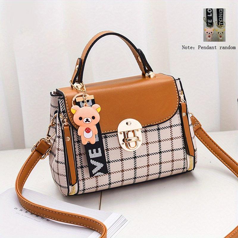 Plaid Pattern Square Bag Shoulder Bag Colorblock Satchel With Pendant