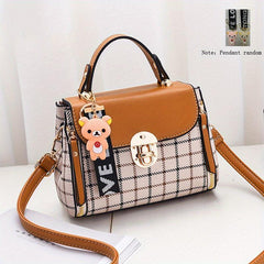 Plaid Pattern Square Bag Shoulder Bag Colorblock Satchel With Pendant
