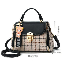 Plaid Pattern Square Bag Shoulder Bag Colorblock Satchel With Pendant