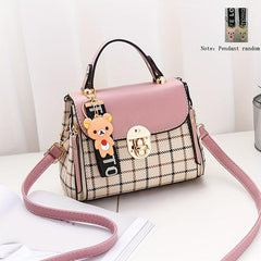Plaid Pattern Square Bag Shoulder Bag Colorblock Satchel With Pendant