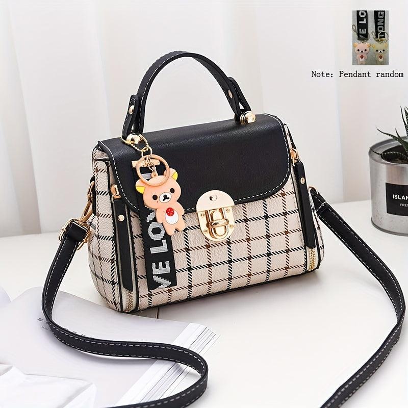 Plaid Pattern Square Bag Shoulder Bag Colorblock Satchel With Pendant