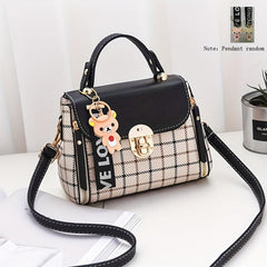 Plaid Pattern Square Bag Shoulder Bag Colorblock Satchel With Pendant