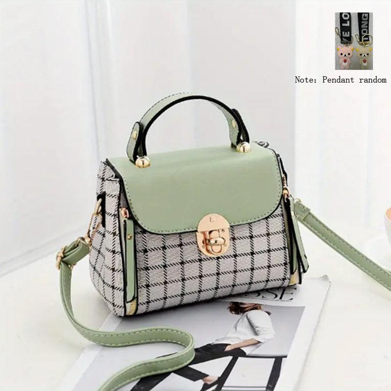 Plaid Pattern Square Bag Shoulder Bag Colorblock Satchel With Pendant