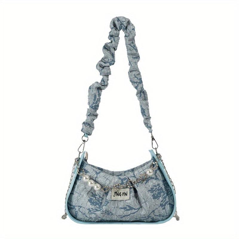 Ruched Shoulder Bag Faux Pearl Decor Chain Crossbody Bag